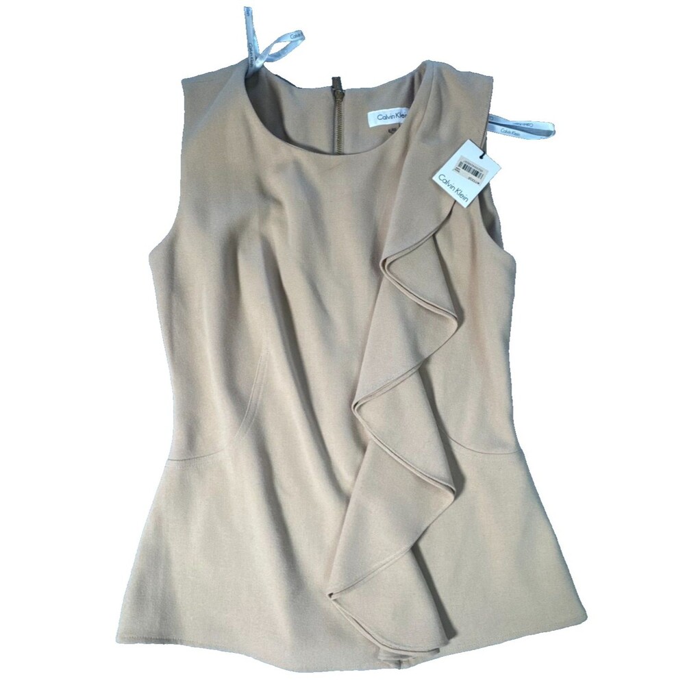 Calvin Klein Ruffle Blouse XS Beige Sleeveless Top Zip Back Work Office Chic
